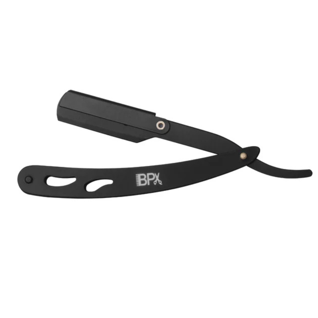 Black straight razor with 'BPX' branding on a white background