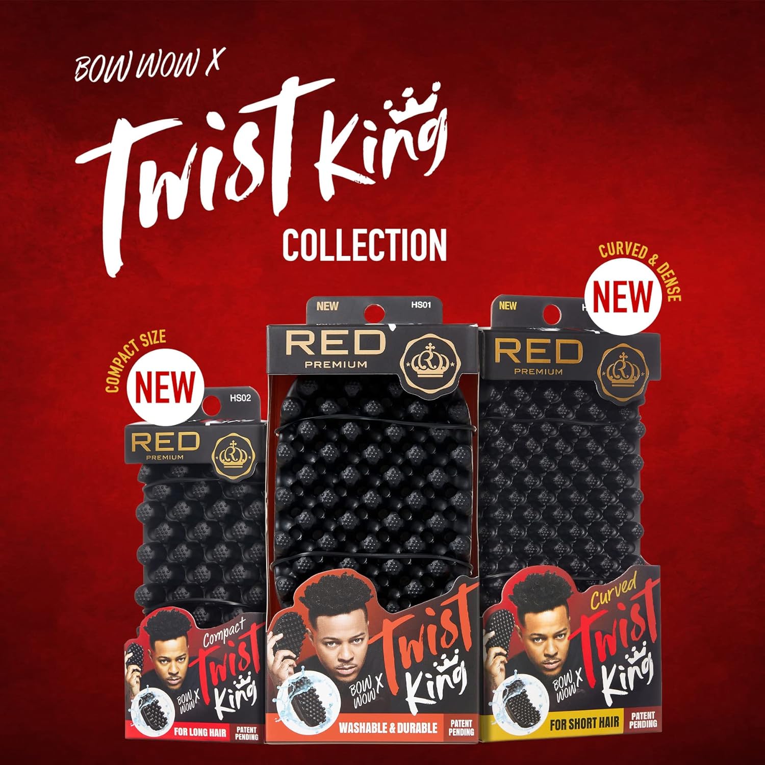 Bow Wow x Twist King hair product packaging on a red background