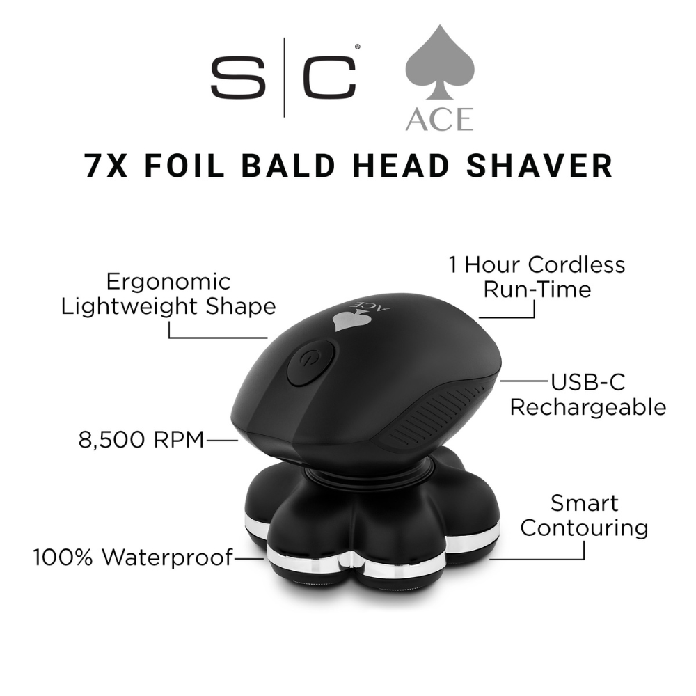 StyleCraft Ace Bald Head Shaver - Professional 7X Foil Bald Head Cordless Shaver with Supercharged Motor #SC804B