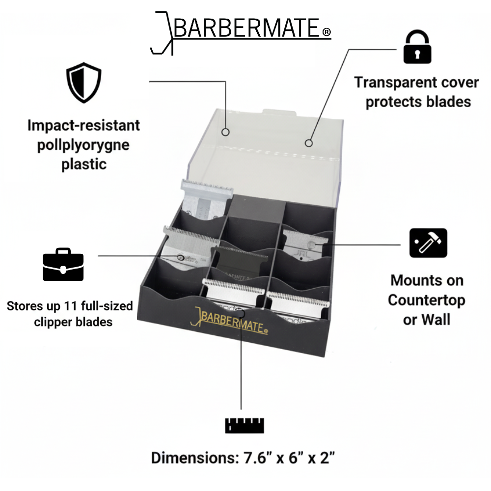 Barbermate blade storage organizer with features highlighted on a white background