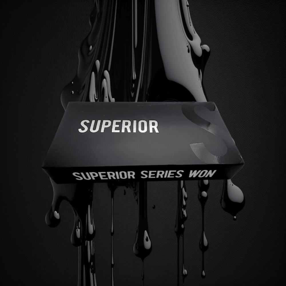 Superior Shears box package black with a black paint drip image background