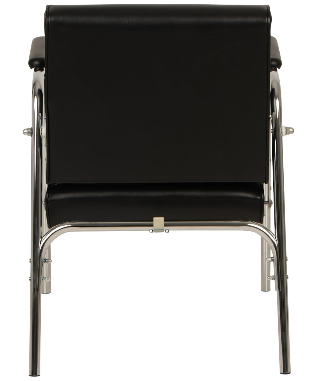 A modern Black shampoo chair with a chrome tubular metal frame, shown from the back against a white background.