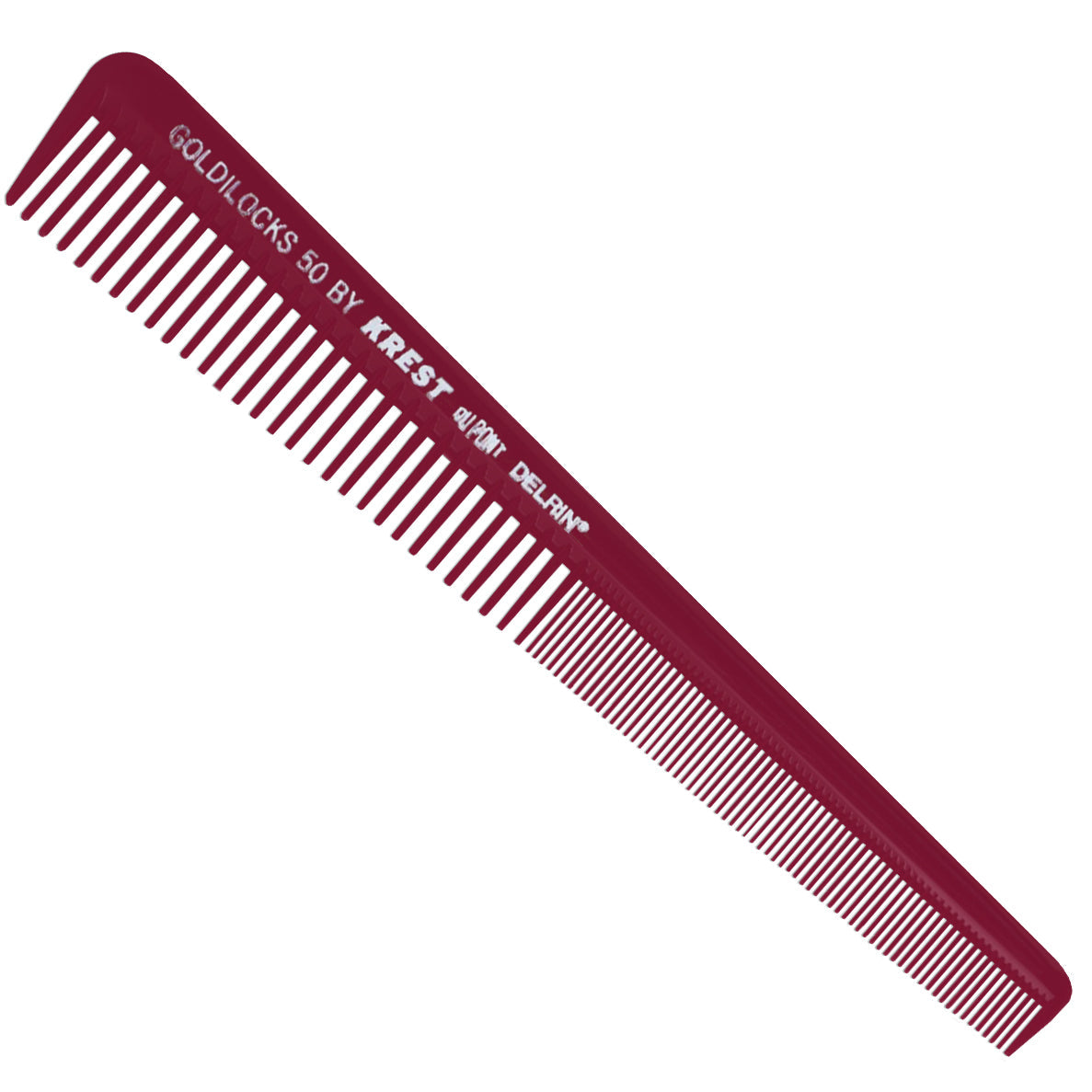 Krest Goldilocks No. G50 burgundy 7-1/2 inch tapering barber comb made from Dupont Delrin acetal polymer