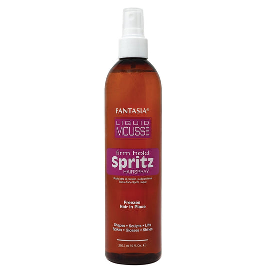 Bottle of Fantasia Liquid Mousse Spritz Hairspray on a white background