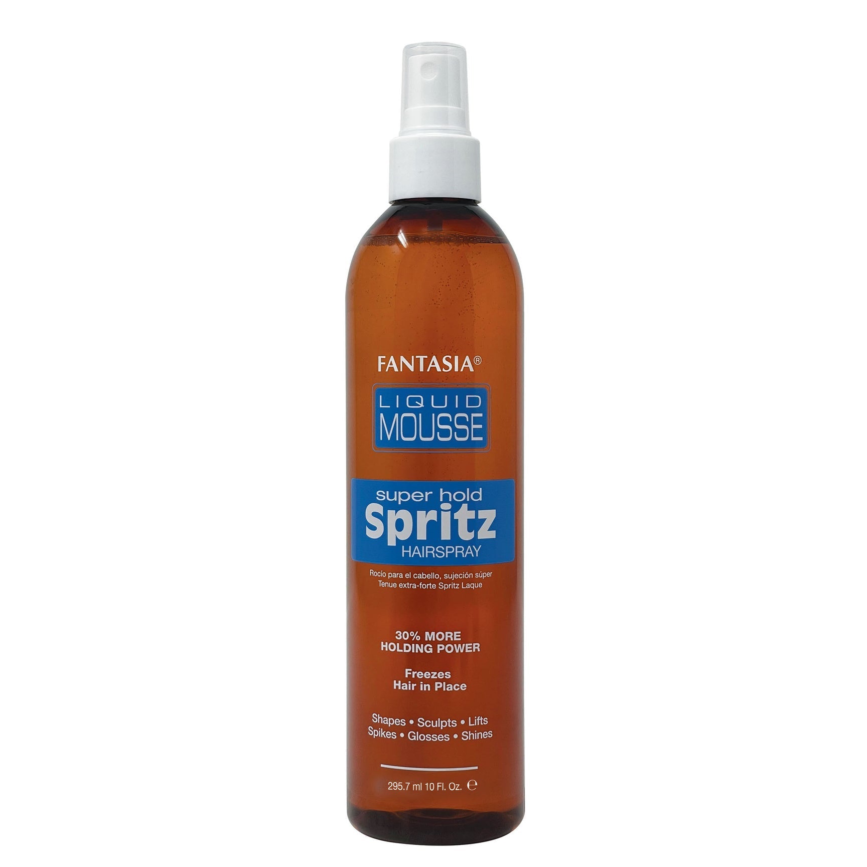 Bottle of Fantasia Liquid Mousse Super Hold Spritz Hairspray on a white background