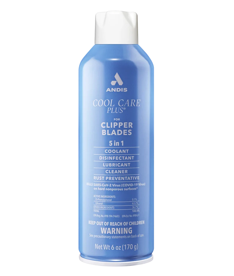 Blue spray bottle labeled 'Andis Cool Care Plus' on a white background