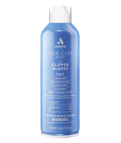 Blue spray bottle labeled 'Andis Cool Care Plus' on a white background