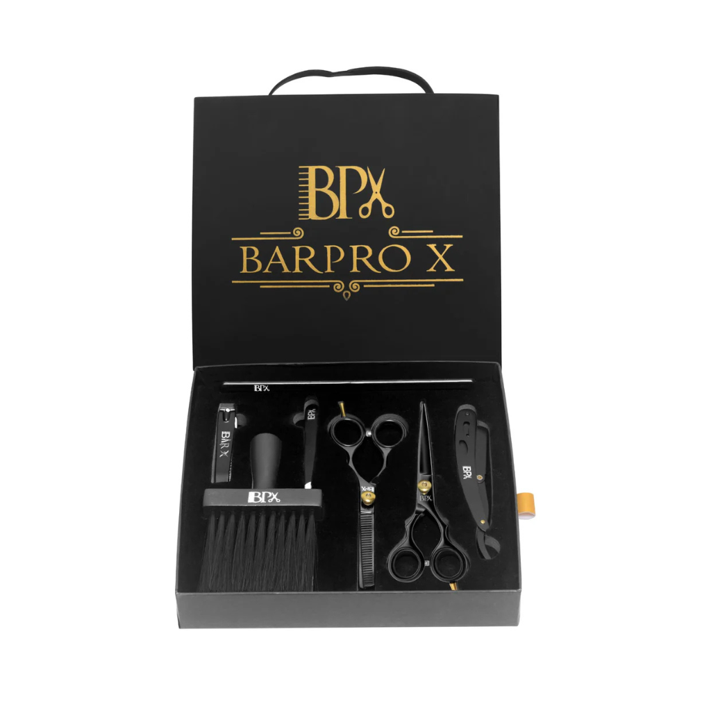 Barber tool set with scissors, comb, and other tools in a black 'BARPRO X' branded box.