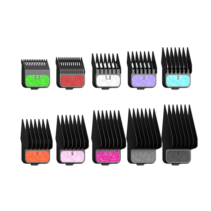 10 color coded black plastic clipper blade guards by TPOB side view 