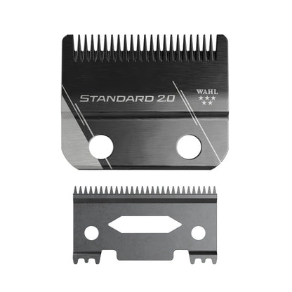 A pair of Wahl Standard 2.0 hair clipper blades, including the upper black and silver metal blade and the lower dark gray replacement blade, shown on a plain white background.