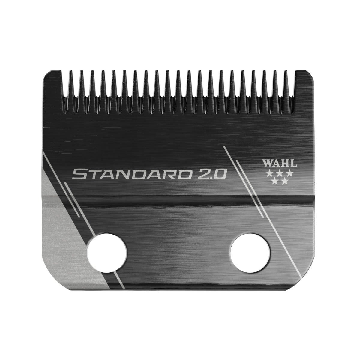A Wahl Standard 2.0 clipper blade made of stainless steel, featuring a brushed finish, a black comb section, and white printed branding and text.