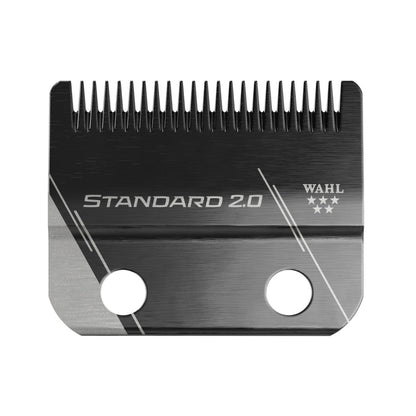 A Wahl Standard 2.0 clipper blade made of stainless steel, featuring a brushed finish, a black comb section, and white printed branding and text.