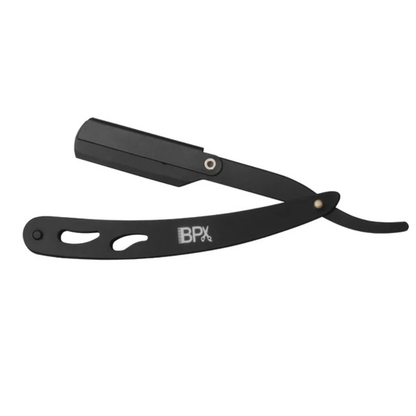 Black straight razor with 'BPX' branding on a white background