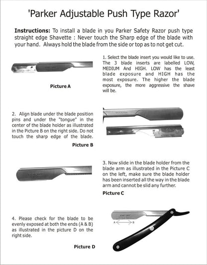 Parker’s PTABK Stainless Steel Adjustable barber razor Instructions