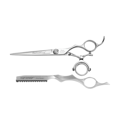 A pair of silver professional haircutting shears and a matching silver razor with textured teeth, displayed on a clean white background.