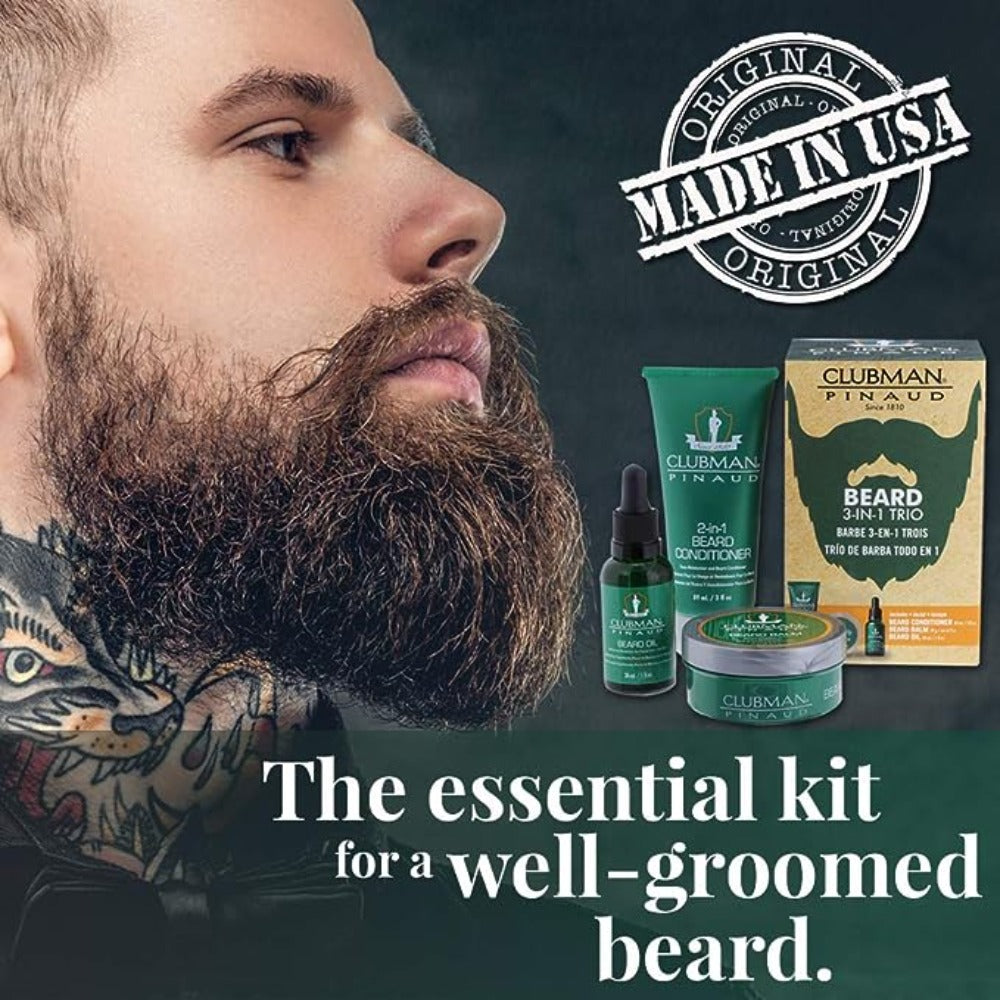 Clubman Pinaud 3 Piece Beard Kit - Beard Conditioner, Beard Balm and Beard Oil