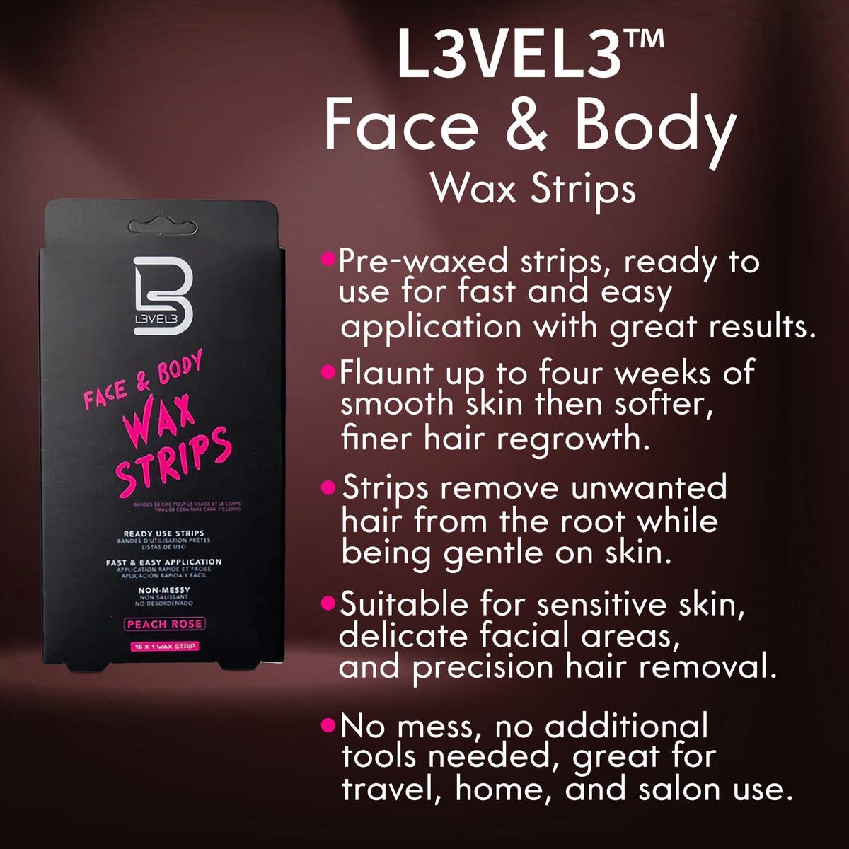 L3VEL3 Face & Body Wax Strips - Peach Rose - Pre-Waxed Hair Removal Strips #100820