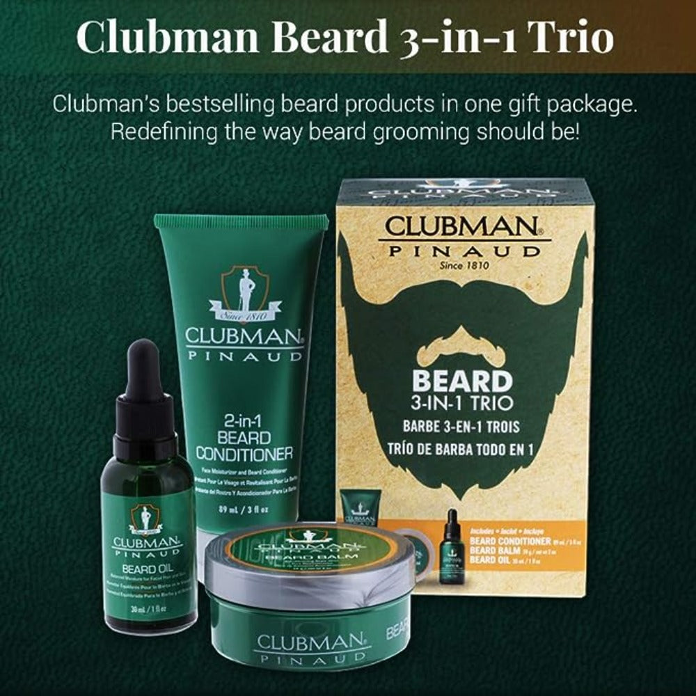 Clubman Pinaud 3 Piece Beard Kit - Beard Conditioner, Beard Balm and Beard Oil