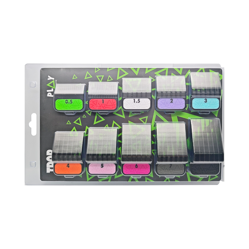 10 color coded black plastic clipper blade guards by TPOB shown in a clear plastic blister packaging