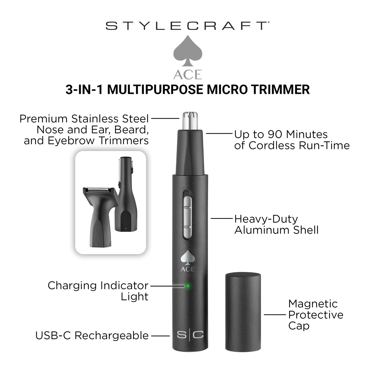 StyleCraft ACE 3-in-1 Rechargeable Multipurpose Trimmer #SC420B