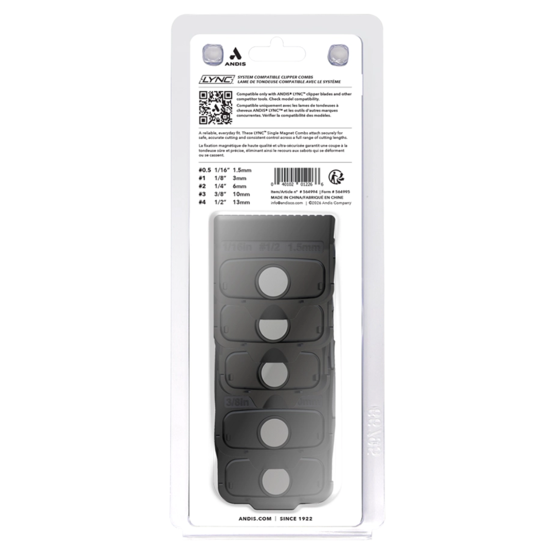 A pack of five black Andis Magnetic Combs, sealed in a clear plastic blister pack with a white backing card. The brand logo 'Andis' is visible at the top of the packaging.