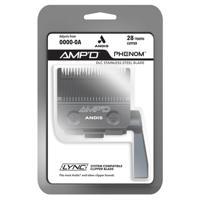 A packaged AMP'D Phenom DLC stainless-steel clipper blade by Andis, shown in its retail blister packaging against a white background.