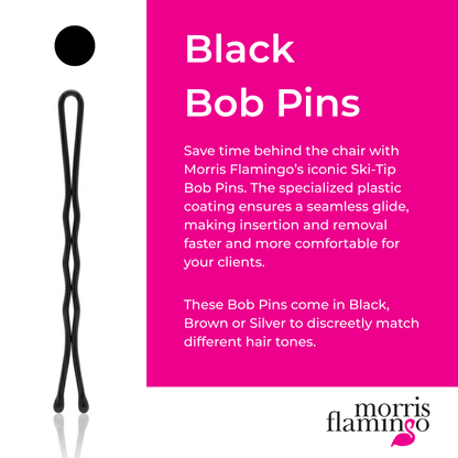 #color_black
Black bob pin with promotional text on a pink background, featuring Morris Flamingo branding.