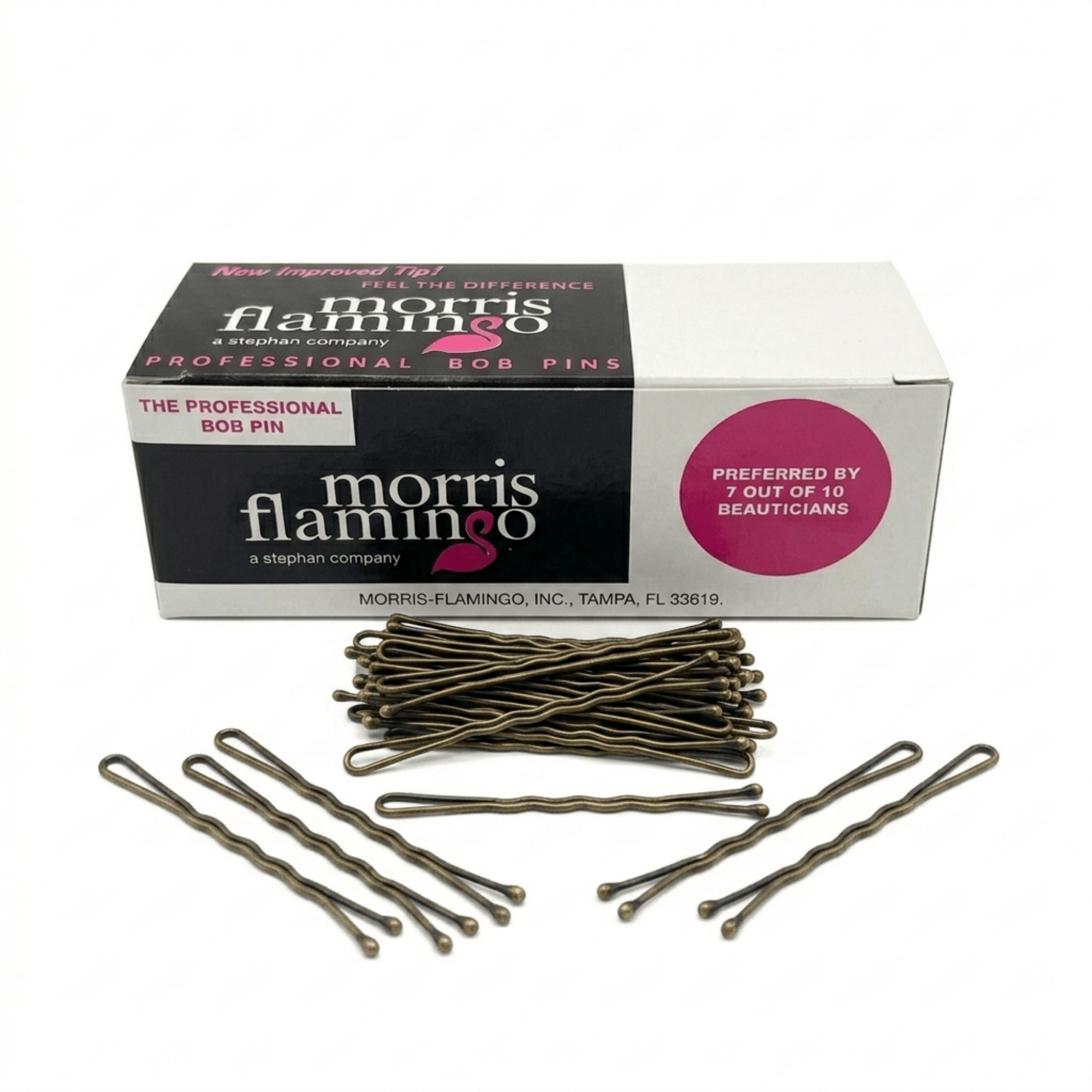 Box of Morris Flamingo hair pins with pins displayed in front