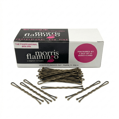 Box of Morris Flamingo hair pins with pins displayed in front