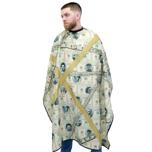 money barber cape- barber cape- hair stylist capes- styling cape - salon capes -barber capes -hair cutting cape- hair cutting capes for men- barber cape for men - King Midas cape- barbershop cape -professional barber cape with snap buttons- hair styling cape -Styling cape- snap button capes- best barber capes-  barber capes with designs- barber smocks and capes - barber capes for sale -King Midas capes