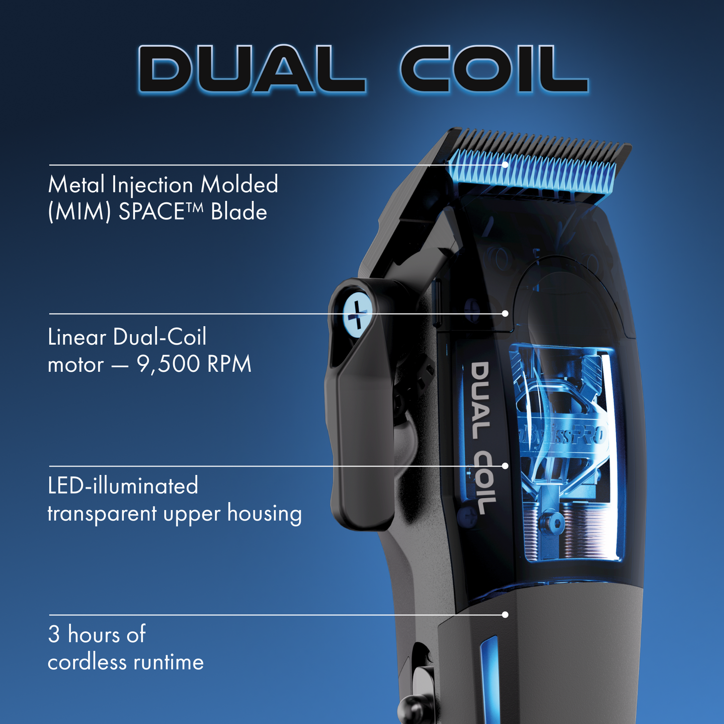 Hair clipper with features highlighted on a blue background