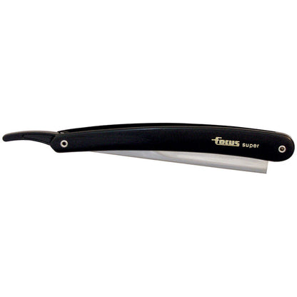 black plastic handle shaving razor with metal blade holder on a white background. Razor shown in closed position