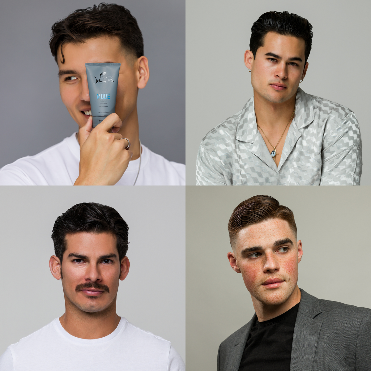 Collage of a man with different hairstyles and outfits against a gray background