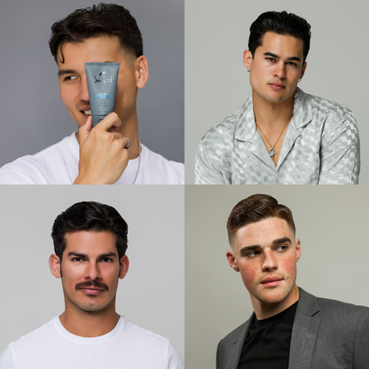 Collage of a man with different hairstyles and outfits against a gray background
