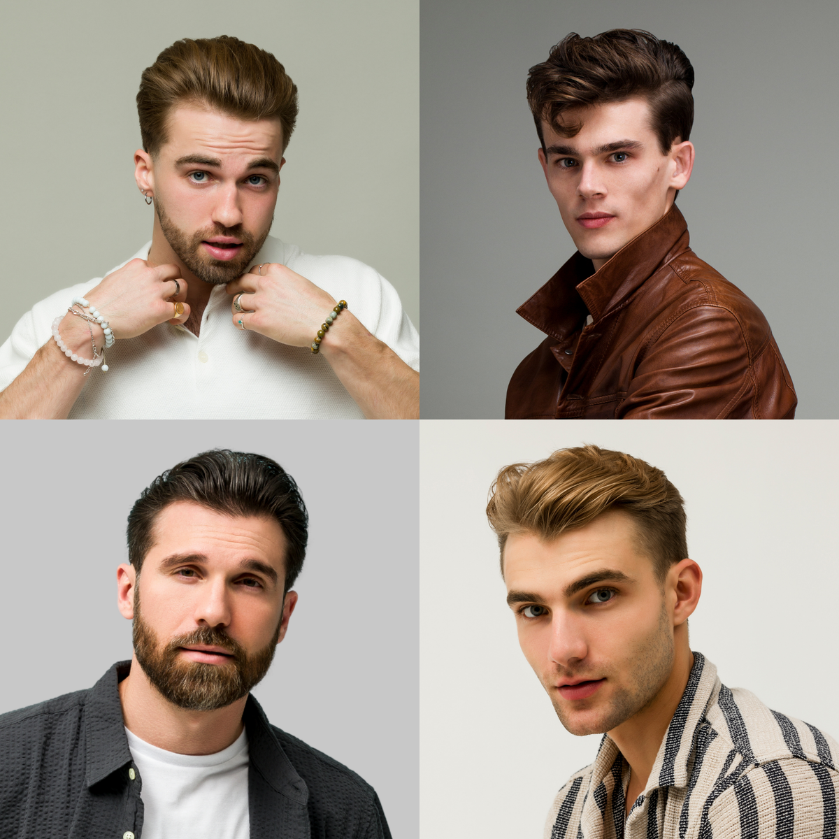 Four different portraits of a man with styled hair on a gray background