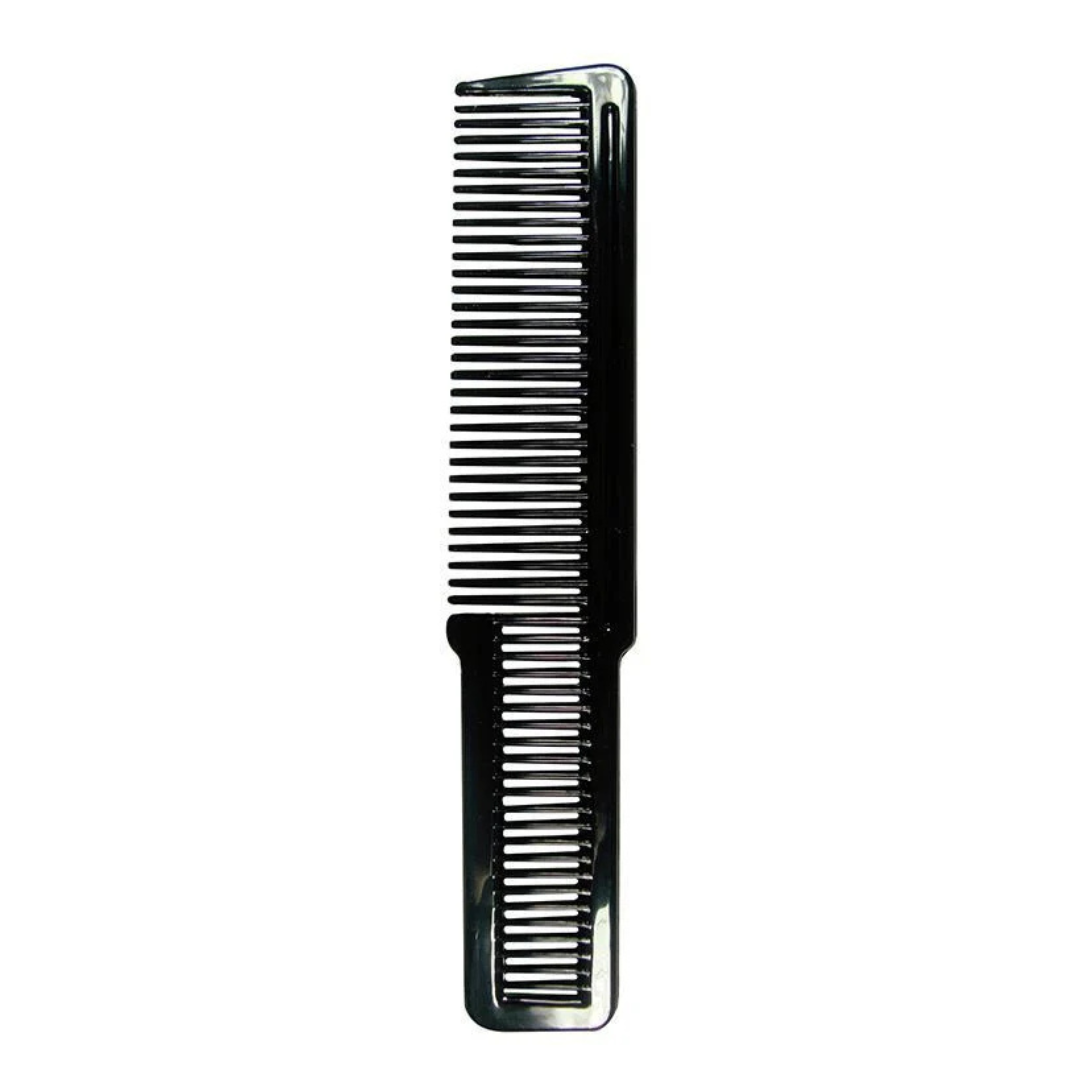 A black plastic hair comb with fine teeth on one side and wider teeth on the other, shown vertically against a plain white background.