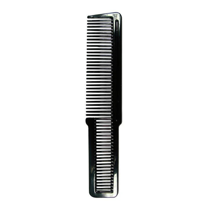 A black plastic hair comb with fine teeth on one side and wider teeth on the other, shown vertically against a plain white background.