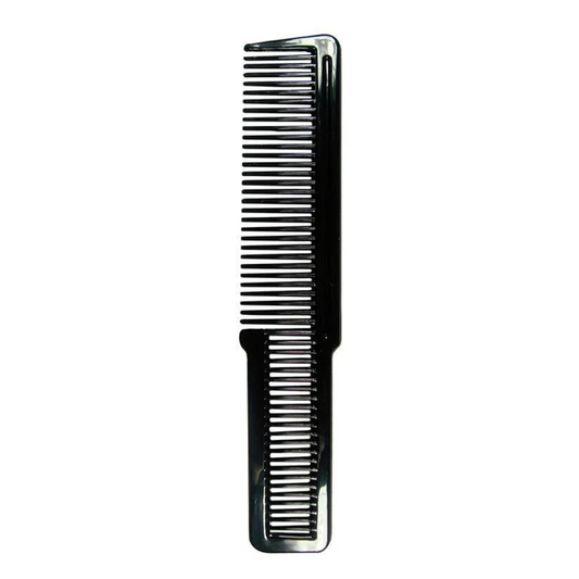 A black plastic hair comb with fine teeth on one side and wider teeth on the other, shown vertically against a plain white background.