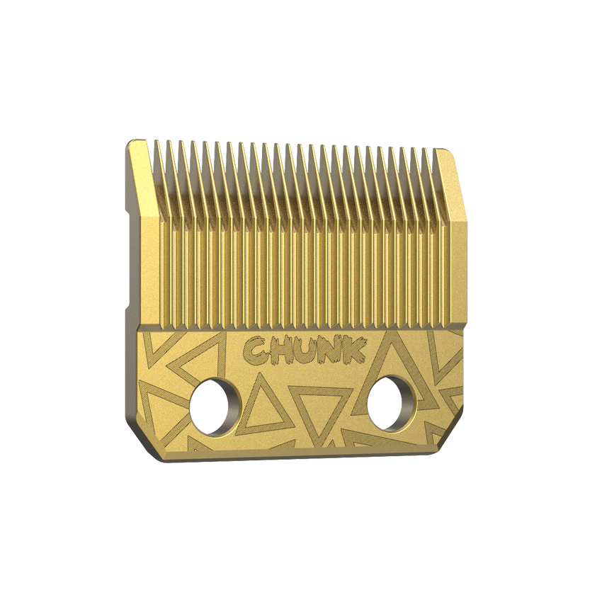Gold hair clipper blade with 'Chunk' branding on a white background