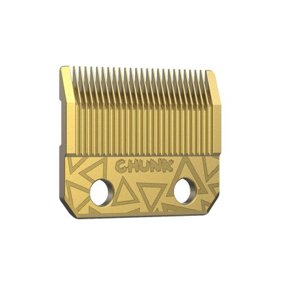 Gold hair clipper blade with 'Chunk' branding on a white background