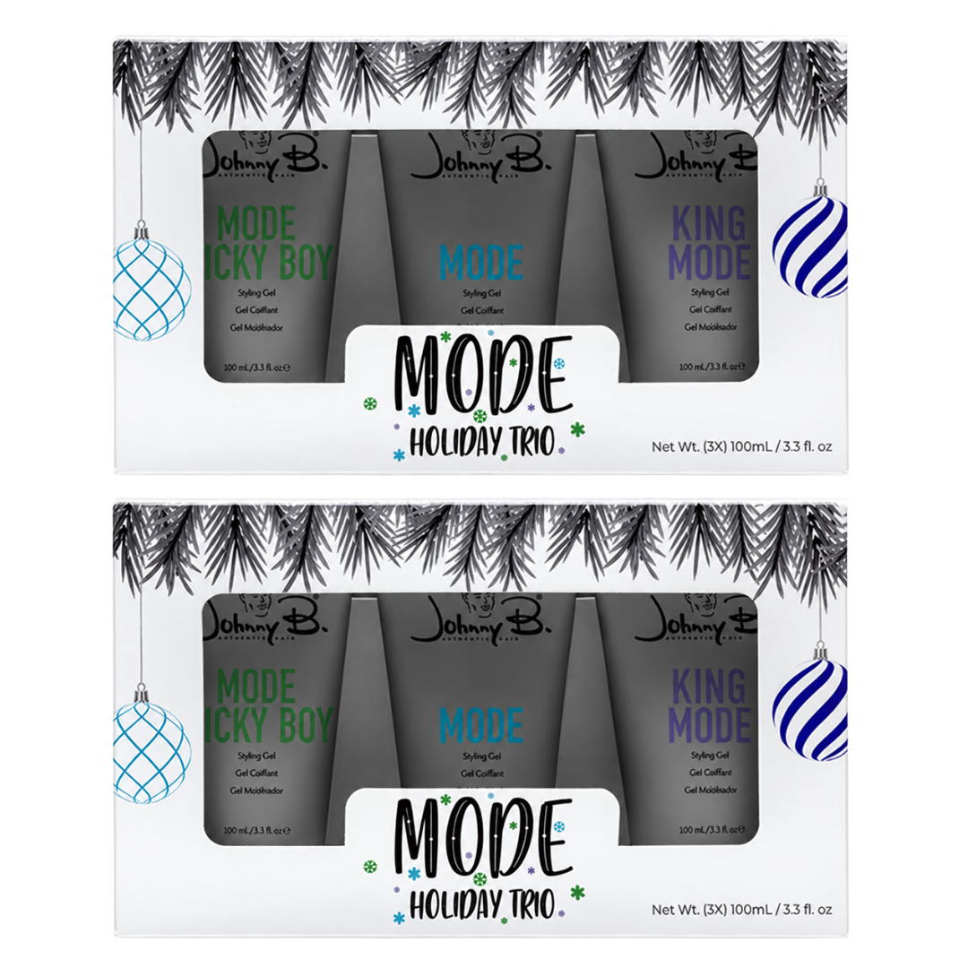 two Johnny B MODE Holiday Trio Set of mode lucy boy, mode and king mode styling gels in a holiday themed white box with clear front box view of products