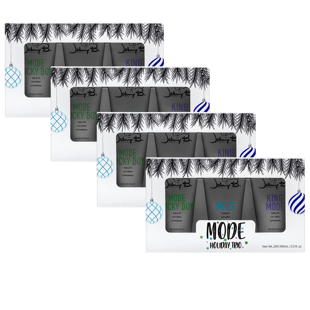four Johnny B MODE Holiday Trio Set of mode lucy boy, mode and king mode styling gels in a holiday themed white box with clear front box view of products