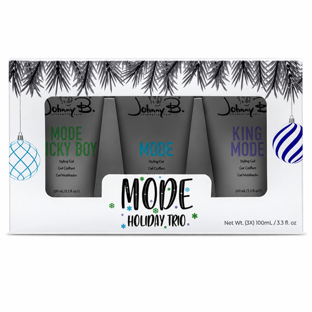 Johnny B MODE Holiday Trio Set of mode lucy boy, mode and king mode styling gels in a holiday themed white box with clear front box view of products