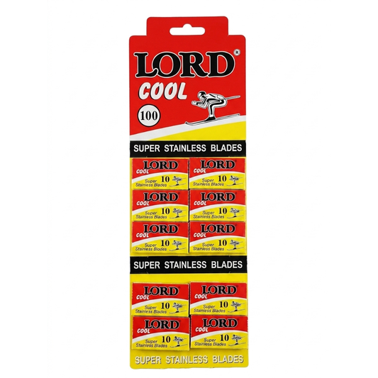A retail pack of 100 Lord Cool Super Stainless Blades, featuring red and yellow packaging with black text and a small illustration of a skier.