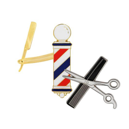 MD Barber Lapel Pin Gift Set Bundle Back Includes three barber pins raxor, pole and comb/shear pins