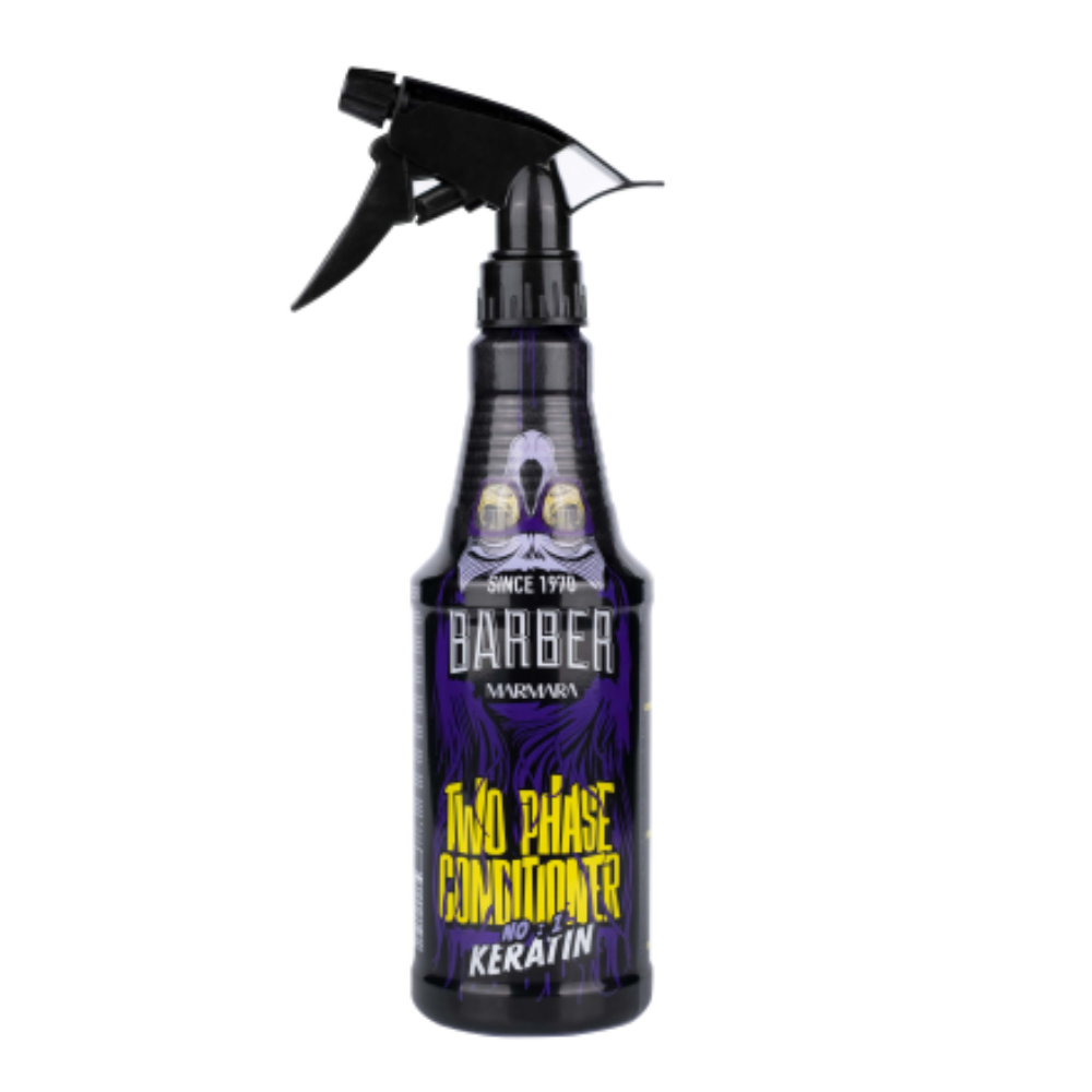 A black spray bottle of Barber Nanasan Two Phase Conditioner and Keratin on a plain white background.
