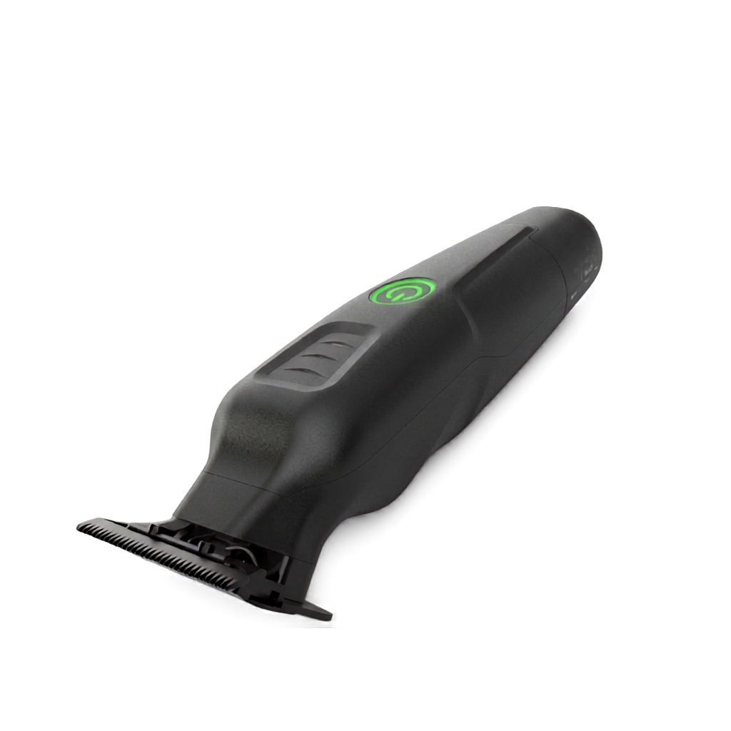 Black hair trimmer with green light on a white background