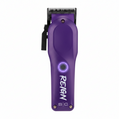 Purple hair clipper with 'REIGN' branding on a white background