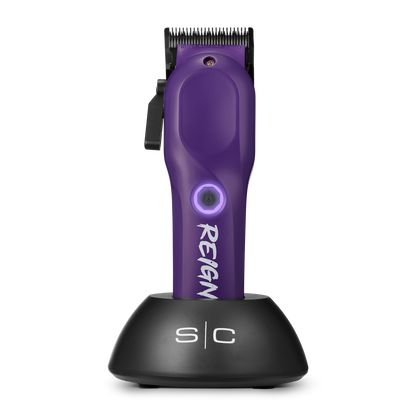 Purple hair clipper with black base on a white background