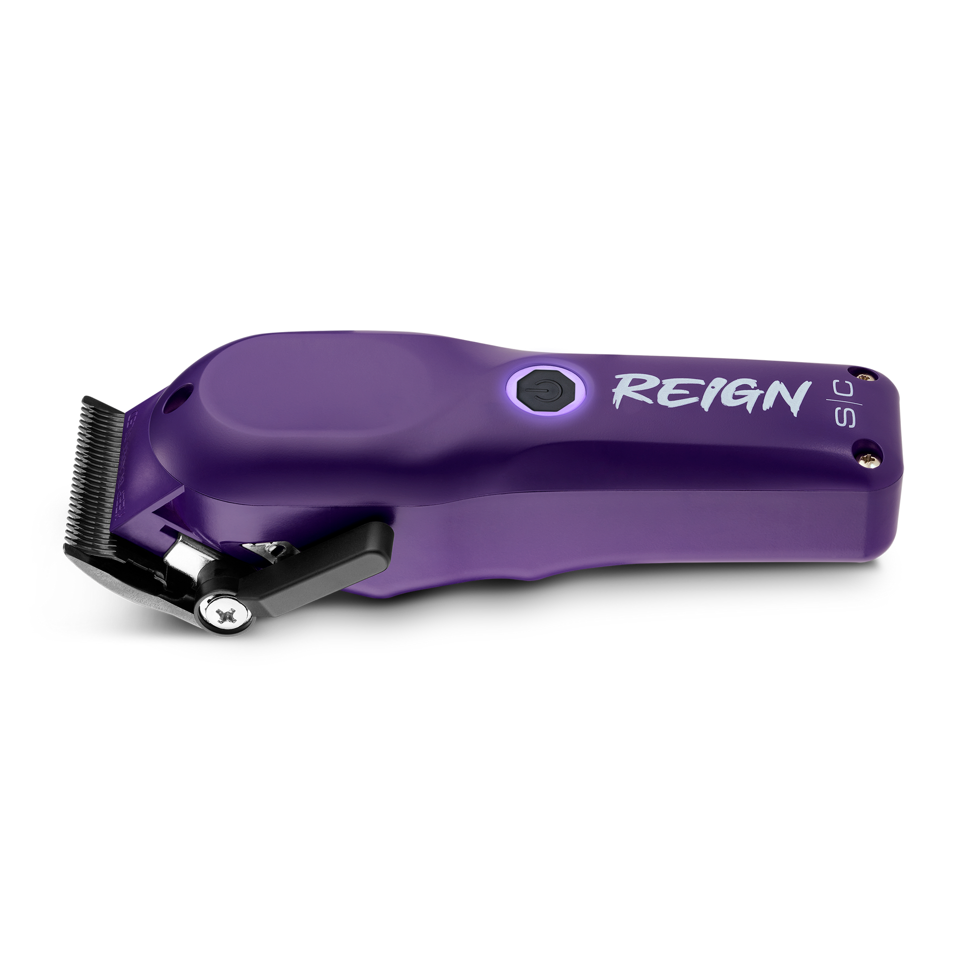 Purple hair clipper with 'REIGN' branding on a white background